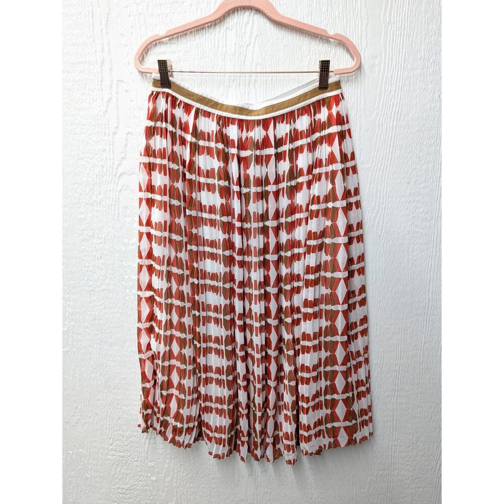 Massimo Dutti White and Rust Geometric Pleated Midi Skirt